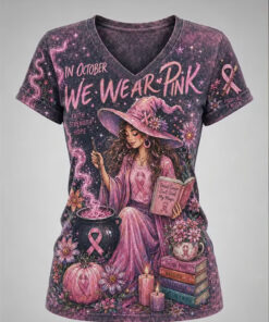 In October We Wear Pink Merch Faith Strength Hope V-Neck T-Shirt Ribbon Gifts For Her
