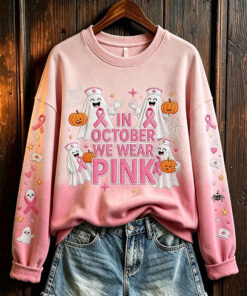In October We Wear Pink Sweatshirt Breast Cancer Awareness Clothing Apparel For Spooky Lover