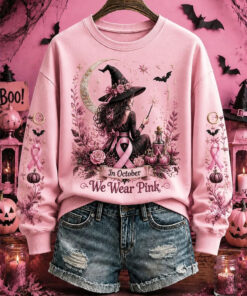 In October We Wear Pink Sweatshirt Breast Cancer Awareness Halloween Merch Best Halloween Gifts