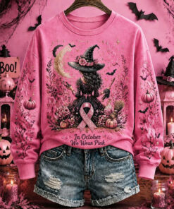 In October We Wear Pink Sweatshirt Breast Cancer Awareness Halloween Merch Gifts For My Wife