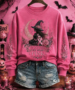 In October We Wear Pink Sweatshirt Breast Cancer Awareness Halloween Merch Spooky Gifts
