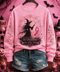 In October We Wear Pink Sweatshirt Breast Cancer Awareness Halloween Merch Spooky Lover Gift