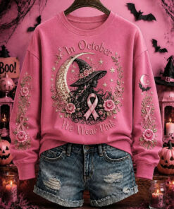 In October We Wear Pink Sweatshirt Breast Cancer Awareness Halloween Witch Merch Ideas Gift