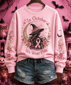 In October We Wear Pink Sweatshirt Breast Cancer Awareness Merch Best Halloween Apparel Ideas