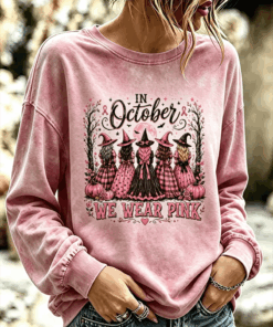 In October We Wear Pink Sweatshirt Breast Cancer Awareness Merch Halloween Apparel For Her