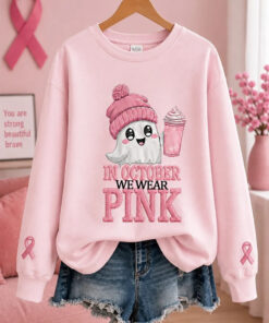 In October We Wear Pink Sweatshirt Breast Cancer Awareness Merch Halloween Gift