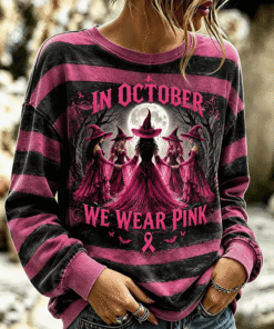 In October We Wear Pink Sweatshirt Breast Cancer Awareness Merch Halloween Gifts For Teens