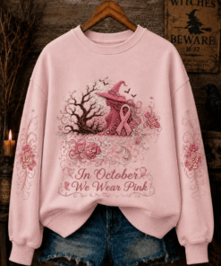 In October We Wear Pink Sweatshirt Breast Cancer Awareness Merch Halloween Outfit Ideas