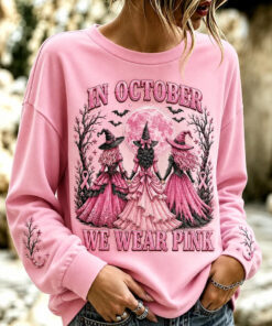 In October We Wear Pink Sweatshirt Breast Cancer Awareness Merch Halloween Outfits For Women