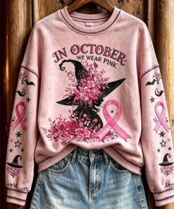 In October We Wear Pink Sweatshirt Breast Cancer Awareness Merch Spooky Lover Gift Ideas