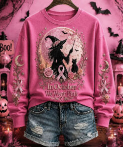 In October We Wear Pink Sweatshirt Breast Cancer Awareness Merch Unique Halloween Outfit