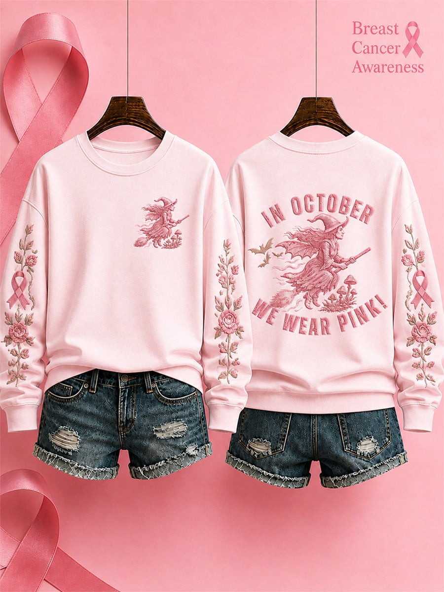 In October We Wear Pink Sweatshirt Breast Cancer Awareness Month Merch Halloween Gifts For Her