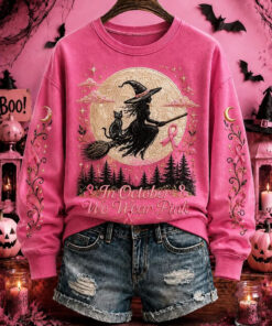 In October We Wear Pink Sweatshirt Halloween Breast Cancer Merch Present For Women