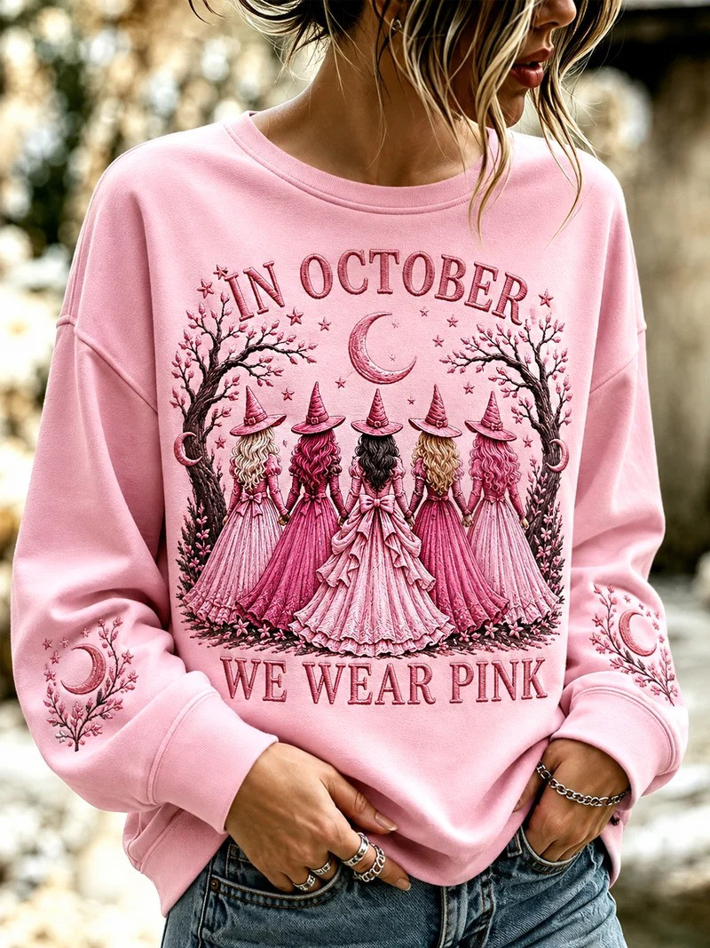 In October We Wear Pink Sweatshirt Halloween Witch Merch Unique Halloween Apparel