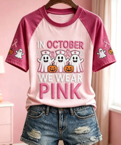 In October We Wear Pink T-Shirt Breast Cancer Awareness Halloween Clothing Apparel For Women