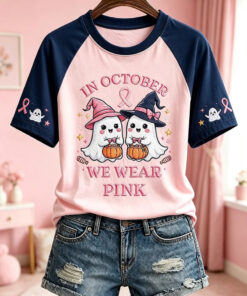 In October We Wear Pink T-Shirt Breast Cancer Awareness Halloween Clothing Presents For Women