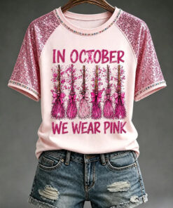 In October We Wear Pink T-Shirt Breast Cancer Awareness Merch Halloween Gifts For Sister