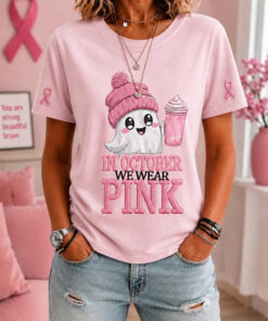In October We Wear Pink T-Shirt Breast Cancer Awareness Tee Women Halloween Outfits
