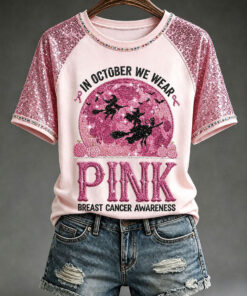 In October We Wear Pink T-Shirt Halloween Pink Ribbon Merch Gifts For Mom