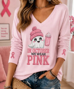 In October We Wear Pink V-Neck Long Sleeve Shirt Breast Cancer Awareness Ghost Witch Merch