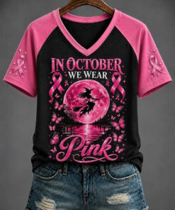 In October We Wear Pink V-Neck Shirt Breast Cancer Awareness Clothing Apparel For Spooky Lovers