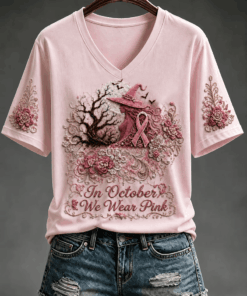 In October We Wear Pink V-Neck Shirt Breast Cancer Awareness Clothing Birthday Gifts For Wife