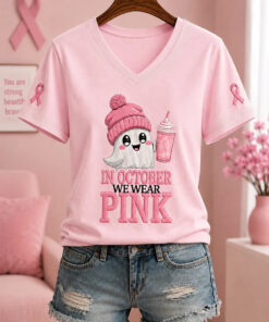 In October We Wear Pink V-Neck Shirt Breast Cancer Awareness Clothing Cute Outfit Gift
