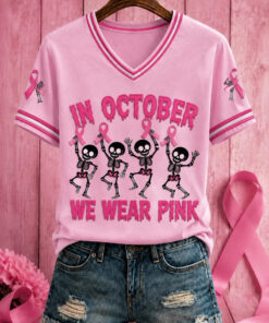 In October We Wear Pink V-Neck Shirt Breast Cancer Awareness Clothing Gift For Halloween