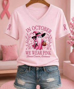 In October We Wear Pink V-Neck Shirt Breast Cancer Awareness Clothing Gift Ideas