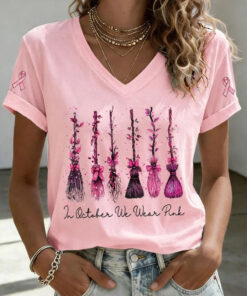 In October We Wear Pink V-Neck Shirt Breast Cancer Awareness Clothing Halloween Gift Ideas