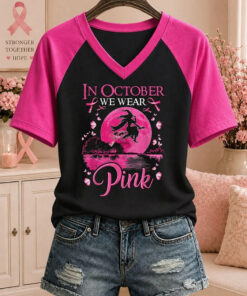 In October We Wear Pink V-Neck Shirt Breast Cancer Awareness Clothing Unique Halloween Apparel