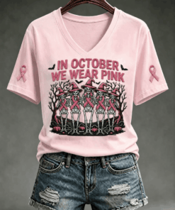 In October We Wear Pink V-Neck Shirt Breast Cancer Awareness Halloween Tee Gift Ideas