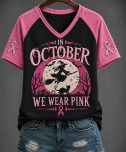 In October We Wear Pink V-Neck Shirt Breast Cancer Awareness Halloween Tee Halloween Gift Ideas