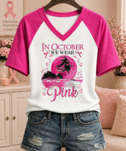 In October We Wear Pink V-Neck Shirt Breast Cancer Awareness Merch Best Halloween Apparel Ideas