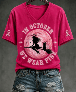 In October We Wear Pink V-Neck Shirt Breast Cancer Awareness Merch Birthday Gift For Wife