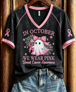 In October We Wear Pink V-Neck Shirt Breast Cancer Awareness Merch