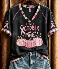 In October We Wear Pink V-Neck Shirt Breast Cancer Awareness Tee Cozy Halloween Clothes