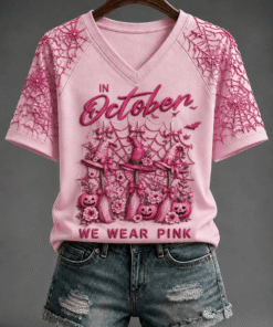 In October We Wear Pink V-Neck Shirt Halloween Pink Tee Halloween Apparel Gifts