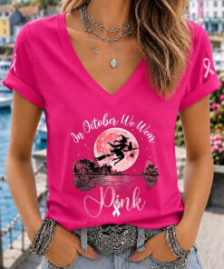 In October We Wear Pink V-Neck T-Shirt Breast Cancer Awareness Halloween Cancer Survivor Gift