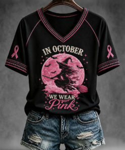 In October We Wear Pink V-Neck T-Shirt Halloween Witch Breast Cancer Awareness Merch
