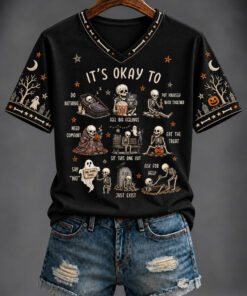 It's Okay To Skeleton V-Neck T-Shirt Mental Health Skeleton Clothes Halloween Gifts For Her