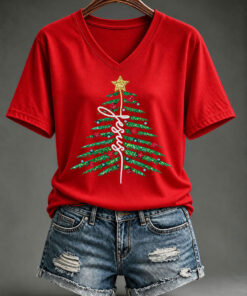 Jesus Christmas Tree V-Neck T-Shirt Christian Faith Womens Apparel Gifts For Her