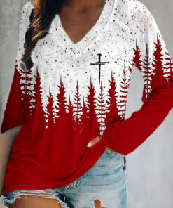 Jesus Cross V-Neck Long Sleeve Shirt Religious Clothes Christmas Gifts For Mom