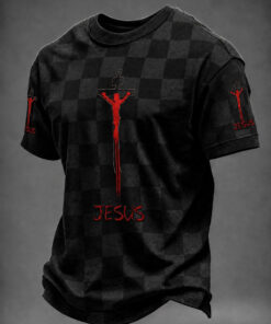 Jesus Crucifixion Christian T-Shirt Checkered Faith Mens Apparel Gothic Religious Gifts