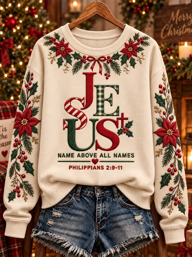 Jesus Name Above All Names Sweatshirt Christian Poinsettia Xmas Clothing Religious Dad Gifts