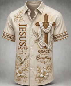 Jesus Saves By Grace Hawaiian Shirt Christian Mens Aloha Shirt Religious Gift For Dad