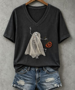 Lace Ghost Halloween V-Neck T-Shirt Gothic Skull Womens Clothing Gifts For Teenage Her