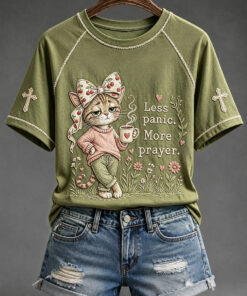 Less Panic More Prayer V-Neck T-Shirt Cute Faith Based Womens Apparel Christian Gifts For Mom
