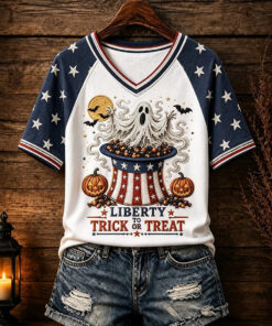 Liberty Trick Or Treat V-Neck T-Shirt Halloween Womens Apparel Outfit Gifts