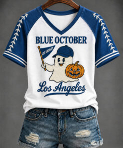 Los Angeles Baseball Merch Blue October V-neck T-Shirt Halloween Gifts For Sister